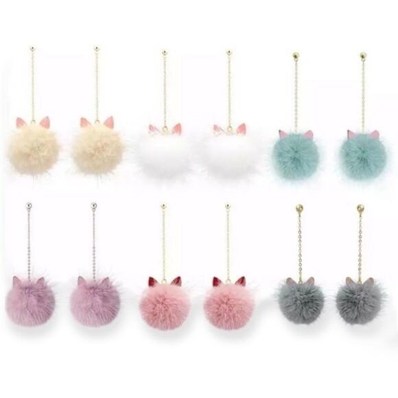 Teal Mink Fur Pom Pom Cat Ears Gold Dangle Earrings -NEW - Picture 3 of 4